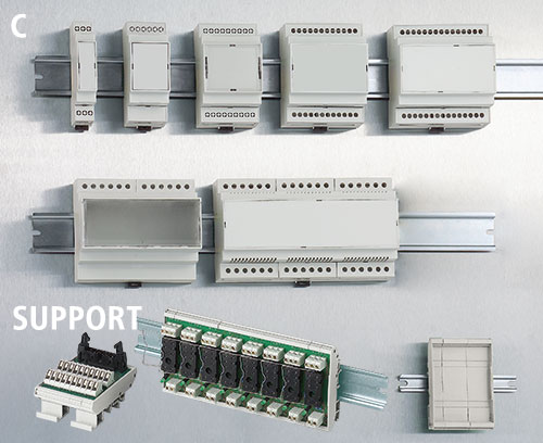 Modular DIN rail enclosures and PCB holders
